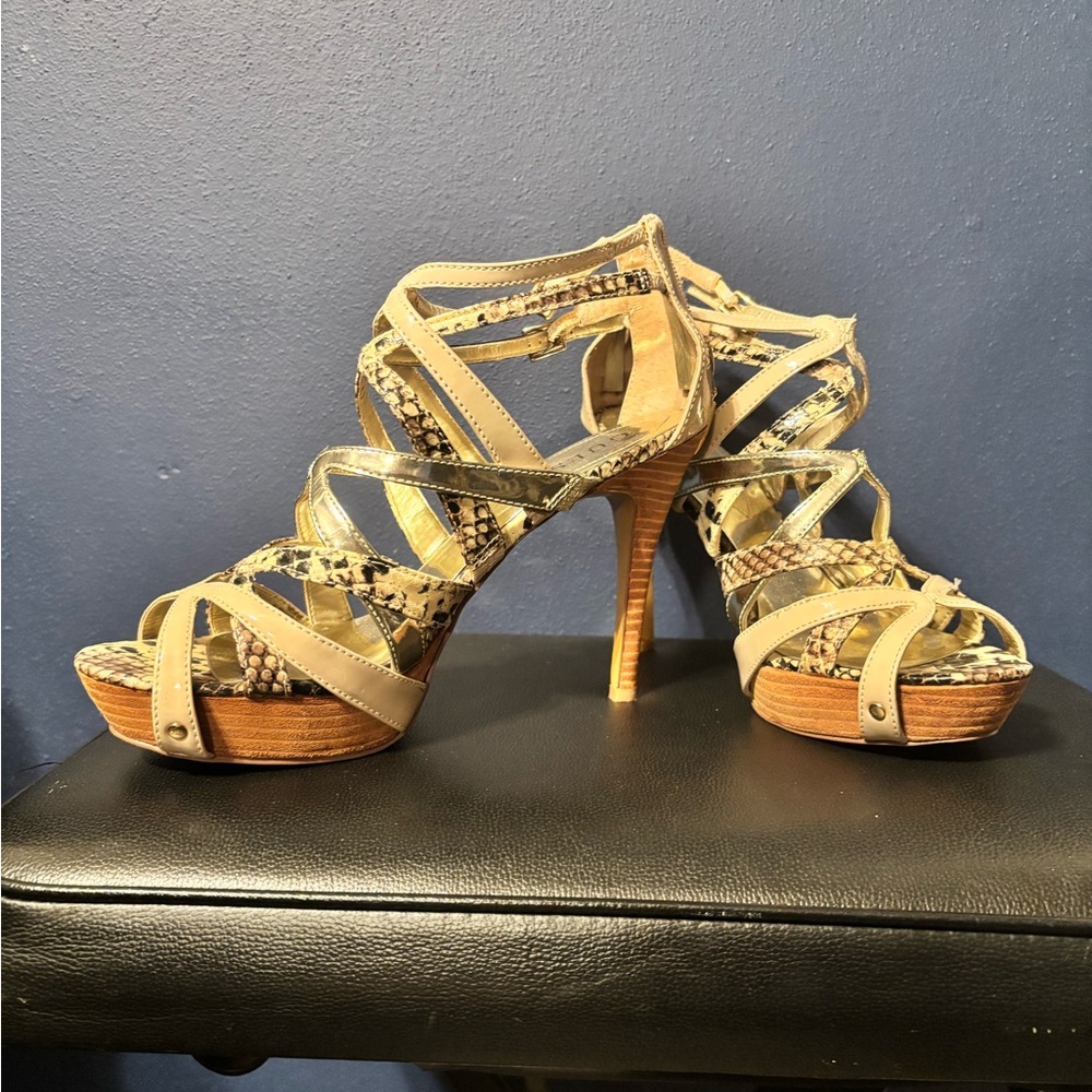 Guess Beige and Snake Print Strappy Heels